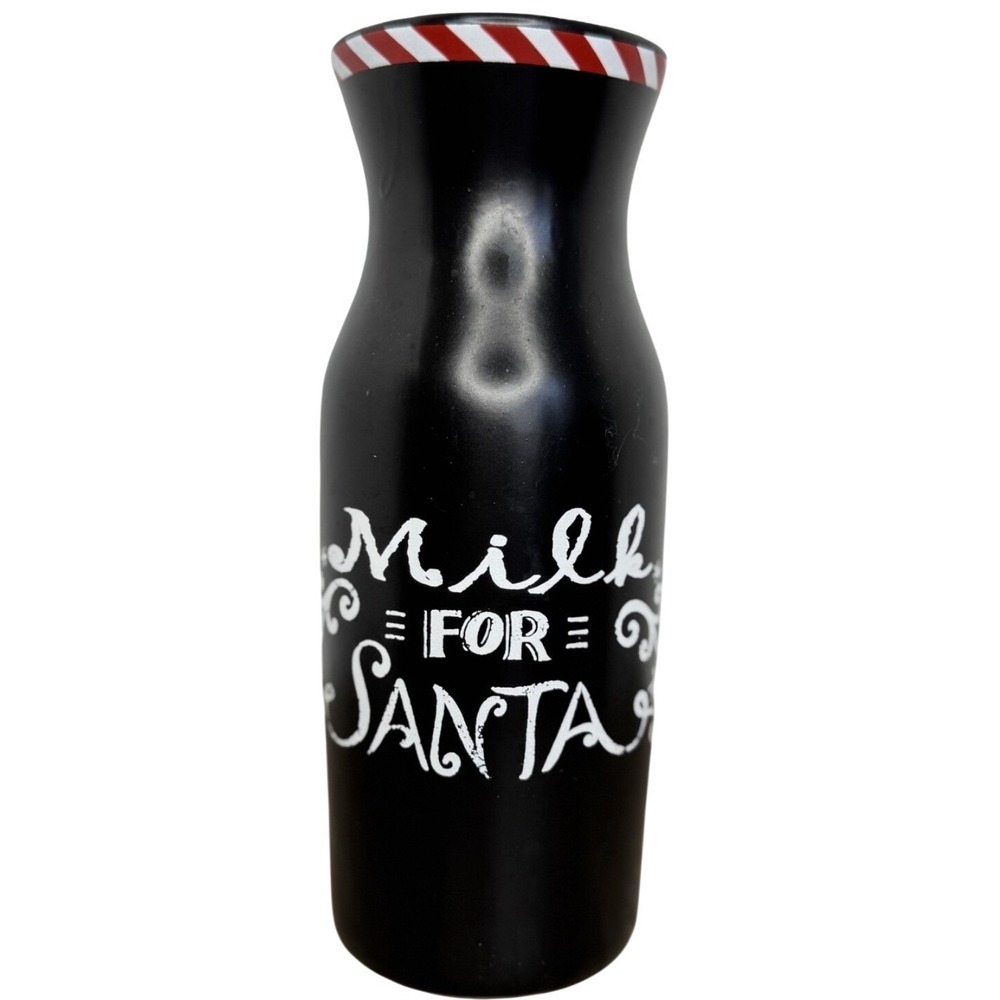 Milk for Santa Christmas Ceramic Bottle Matte Black Peppermint Stripe Rim‎ Decor